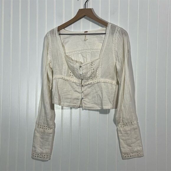 Free People Boho Peasant Blouse S Ivory Eyelet Lace Inset Romantic Cottagecore - Picture 1 of 9